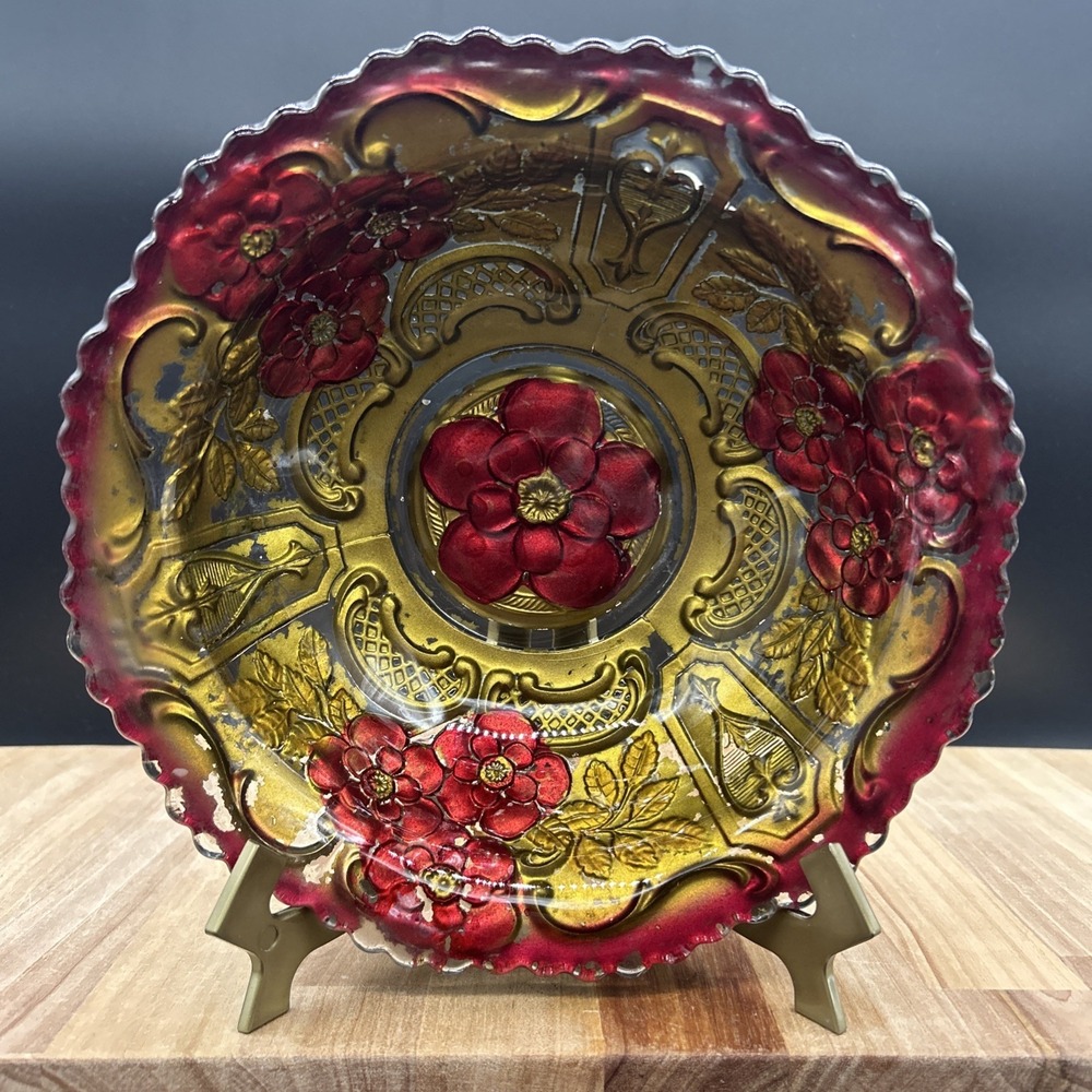 Vintage Goofus Glass Bowl, Red Flowers with Leaves, Gold Tone